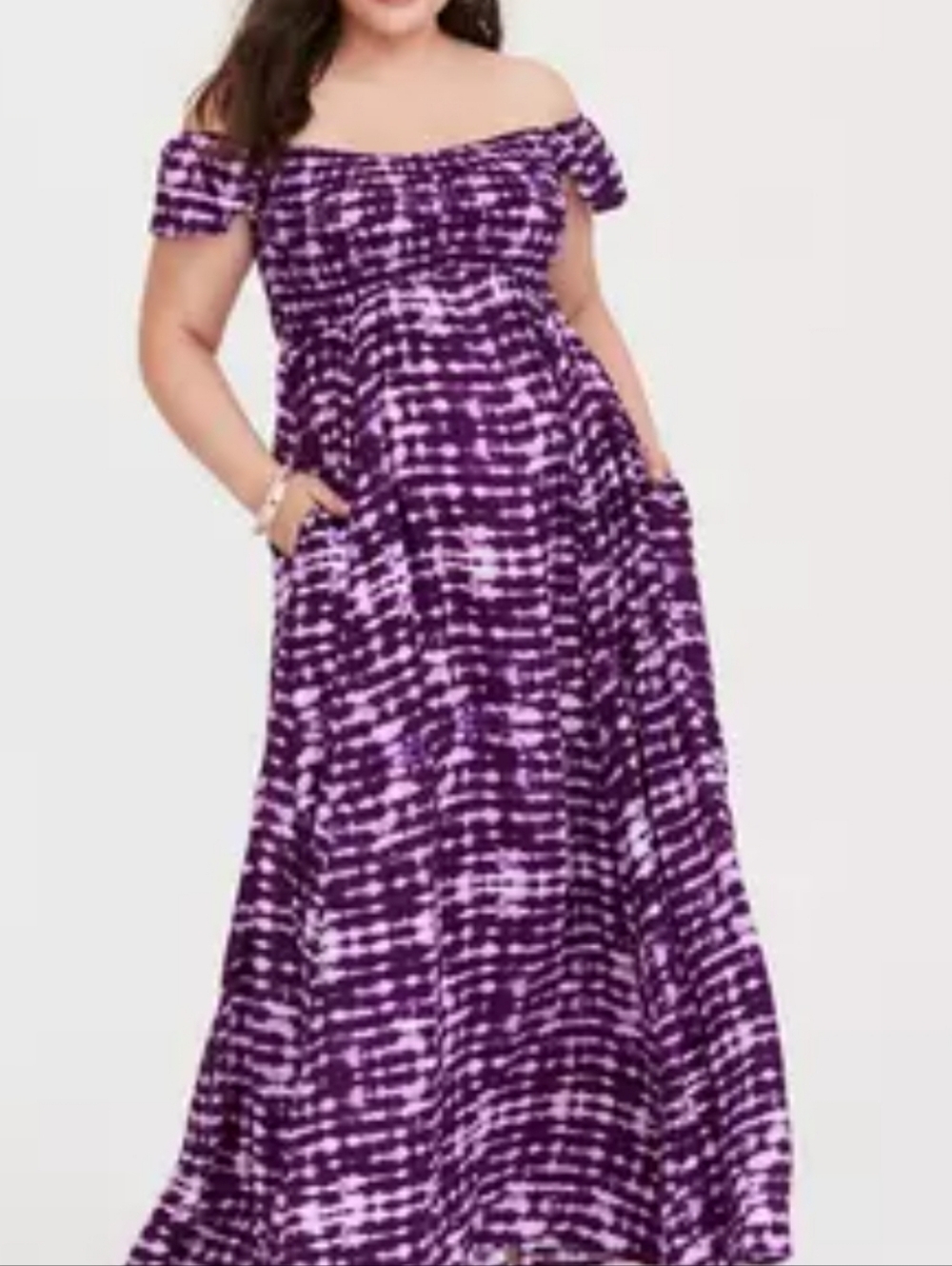 NWT Torrid Purple Tie-Dye Challis Maxi Dress 00 (10) Pockets Smocked Bodice